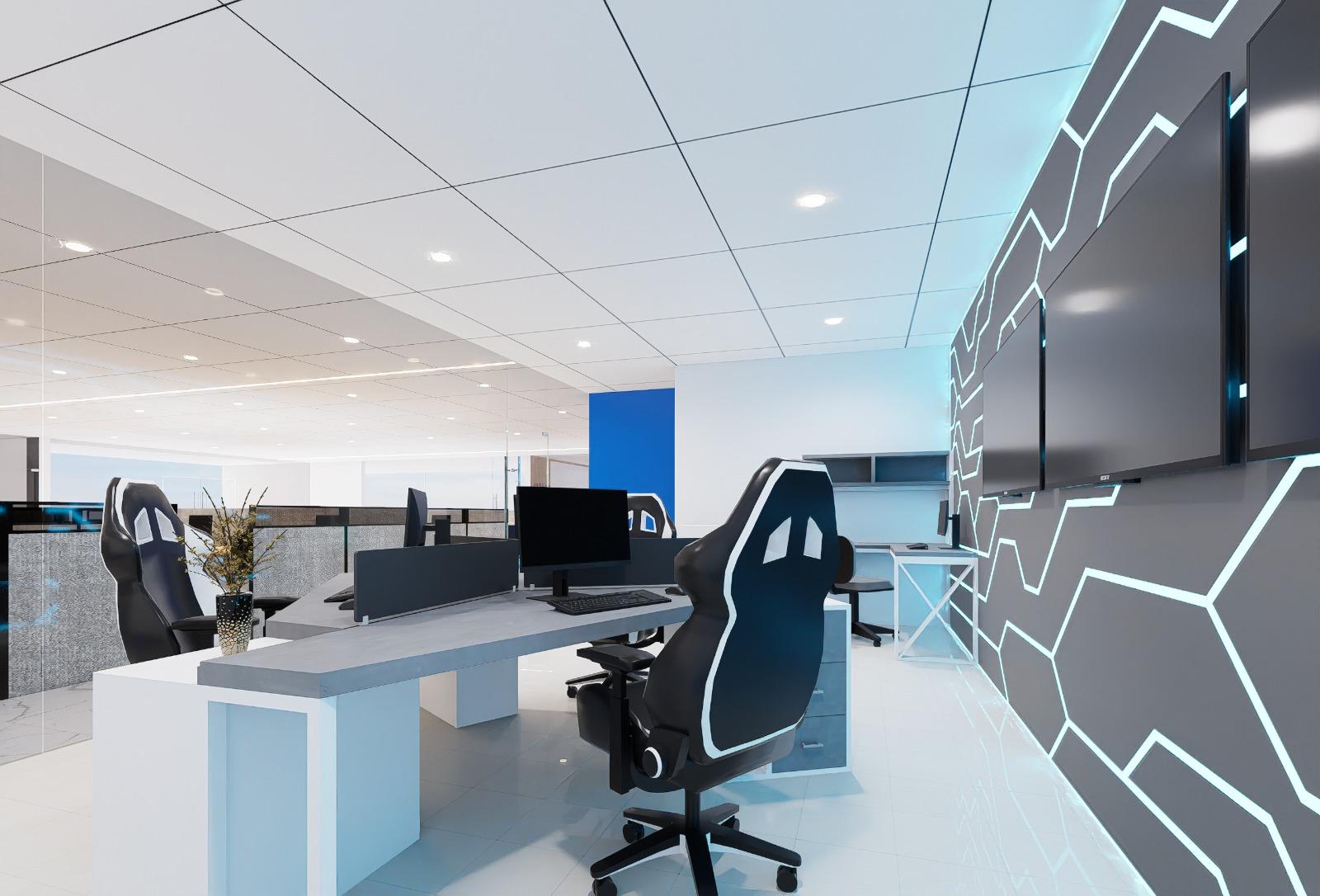 Render 3D ruang kerja IT dengan meja kerja dan dinding panel bercahaya